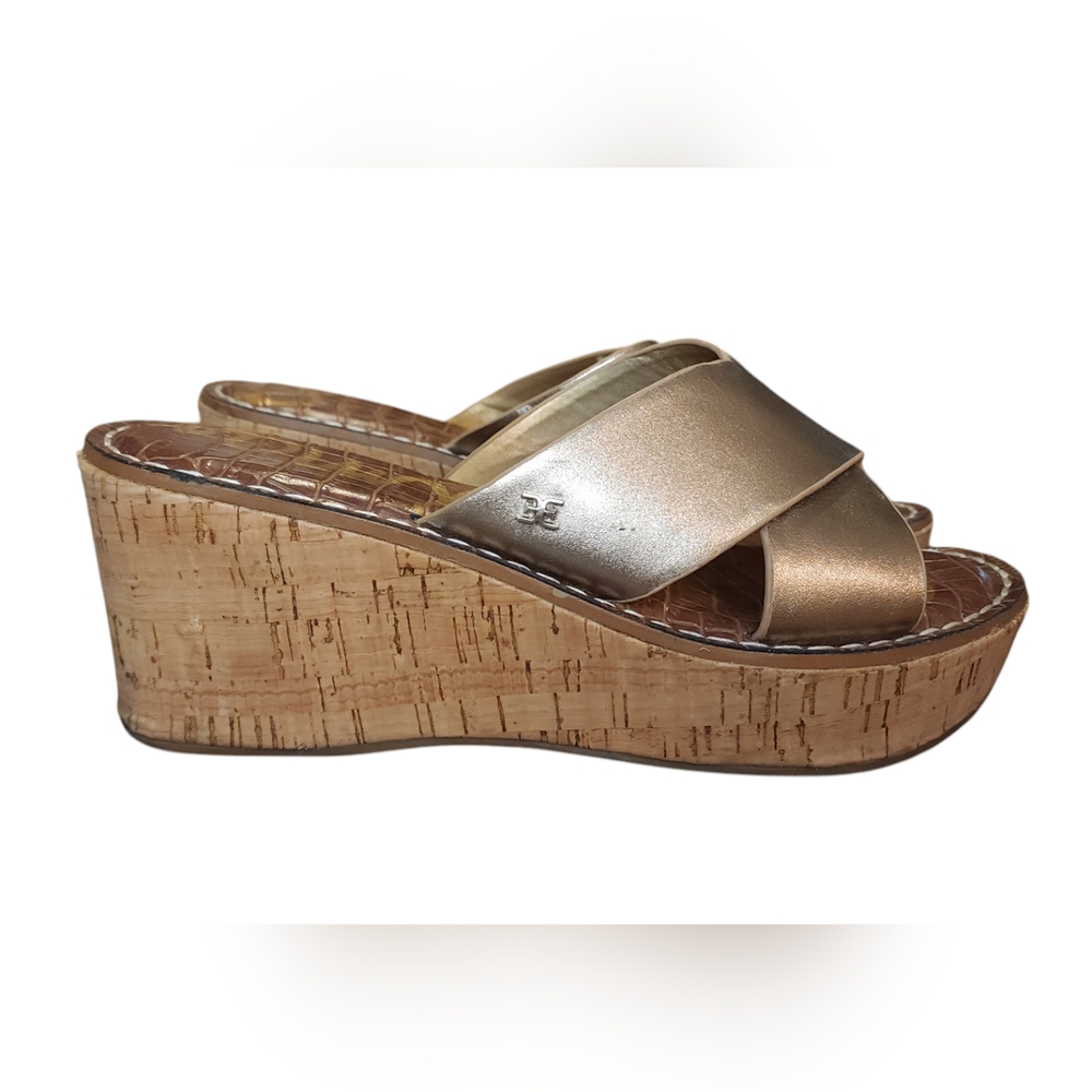 Sam Edelman Remini Gold Leather Cork Wedge Women's Size 7.5 M